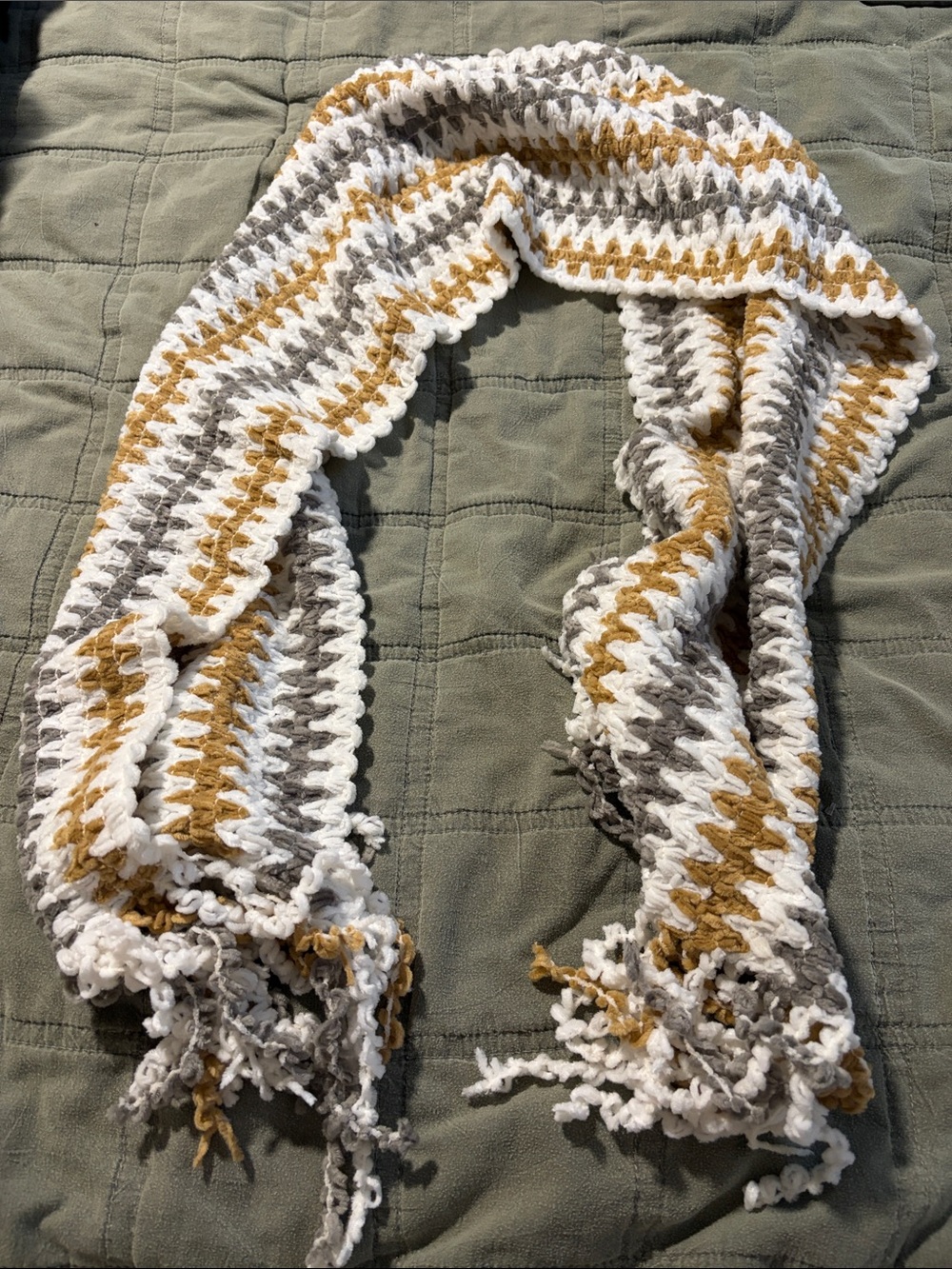 Handmade Stripe Crochet Throw Scarf - White, Mustard & Gray